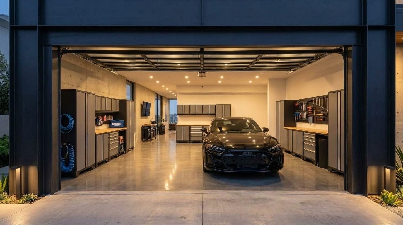 Hoskins Local Garage Door Interior View of Custom Garage Door Overhead and Workshop